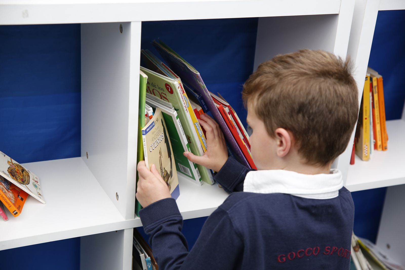 Un niño mueve unos libros en una estantería
