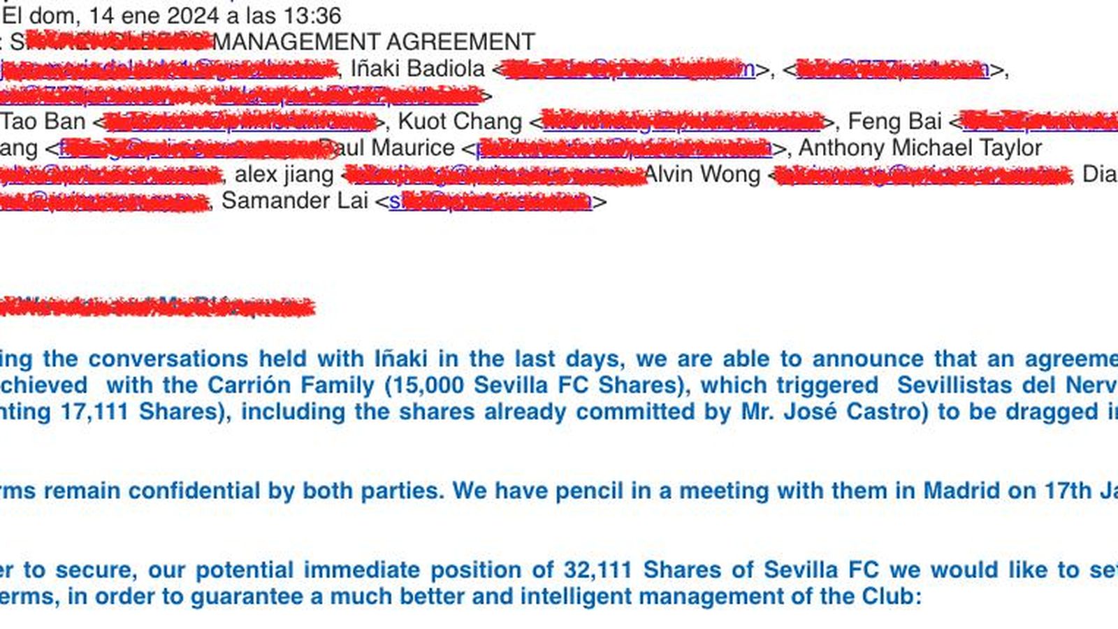 Encabezamiento de un correo entre las partes.