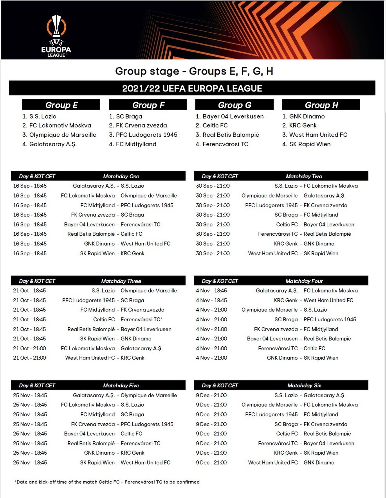 Calendario del Betis en la Liga Europa