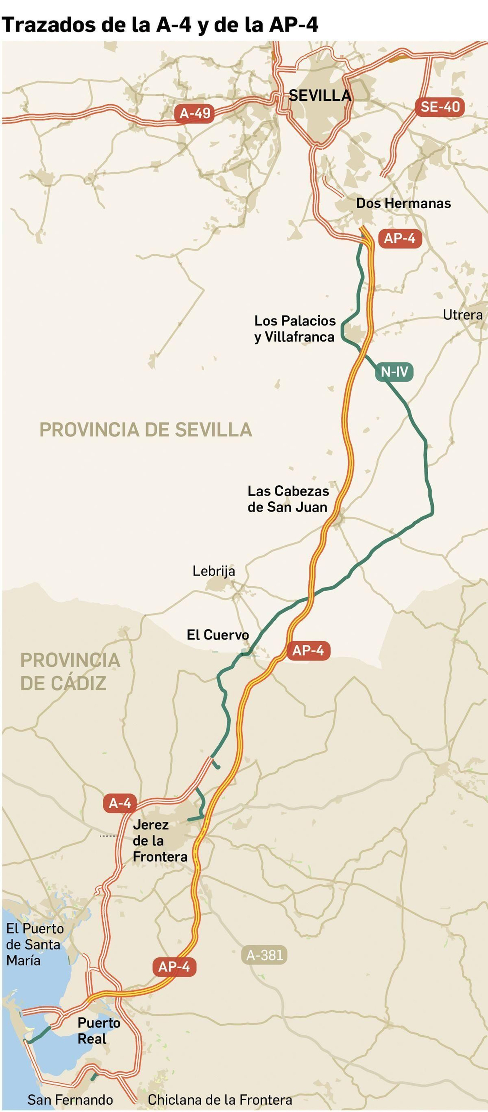 Mapa de las carreteras entre Sevilla y Cádiz.