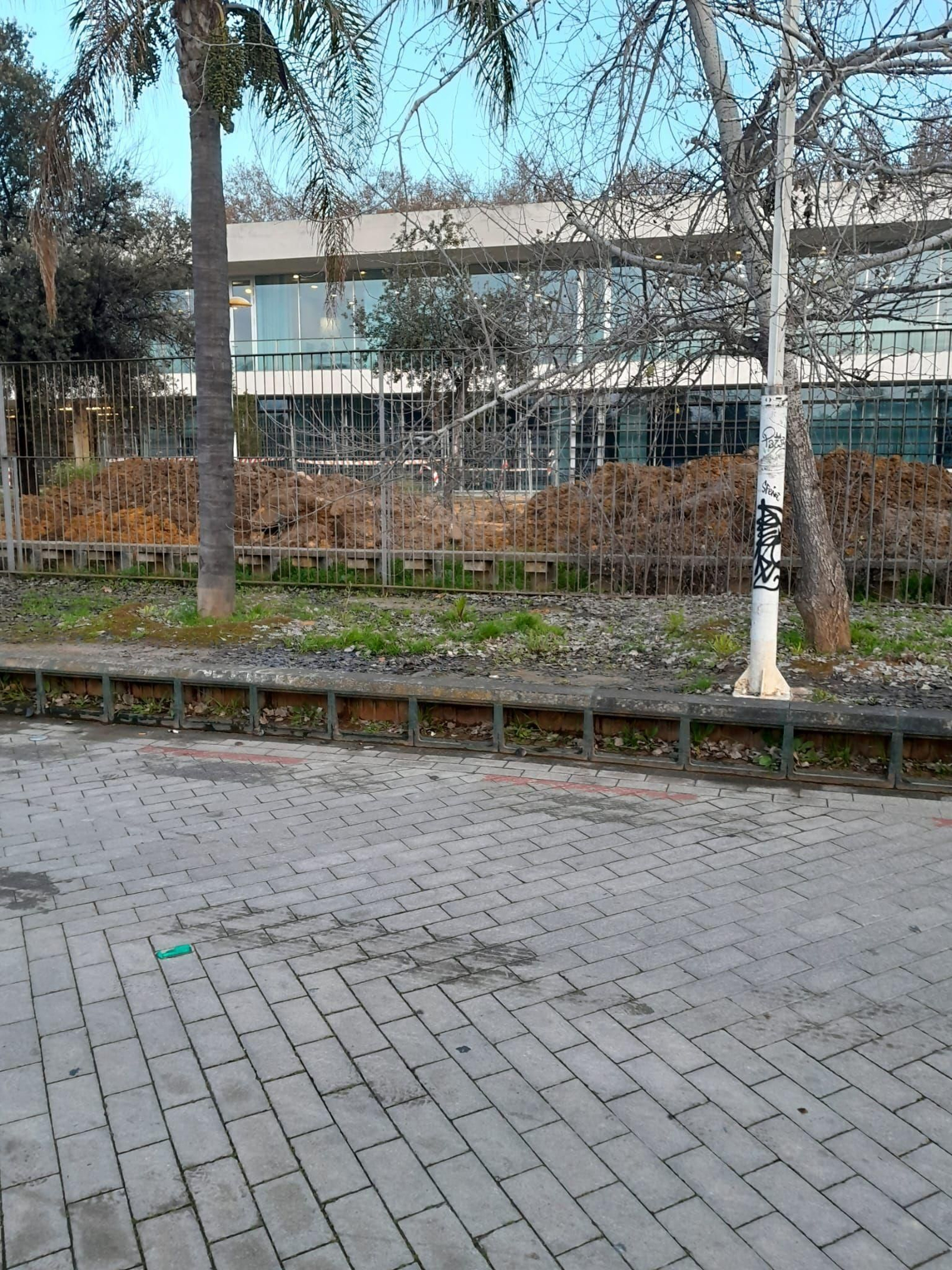 La acumulación de tierra en la biblioteca Felipe González tras la zanja abierta por Emasesa.