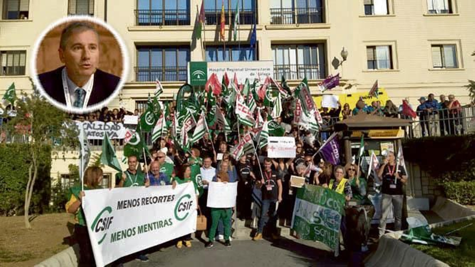Una de las protestas de sanitarios en el Hospital Regional; arriba a la izquierda, Moreno Verdugo.