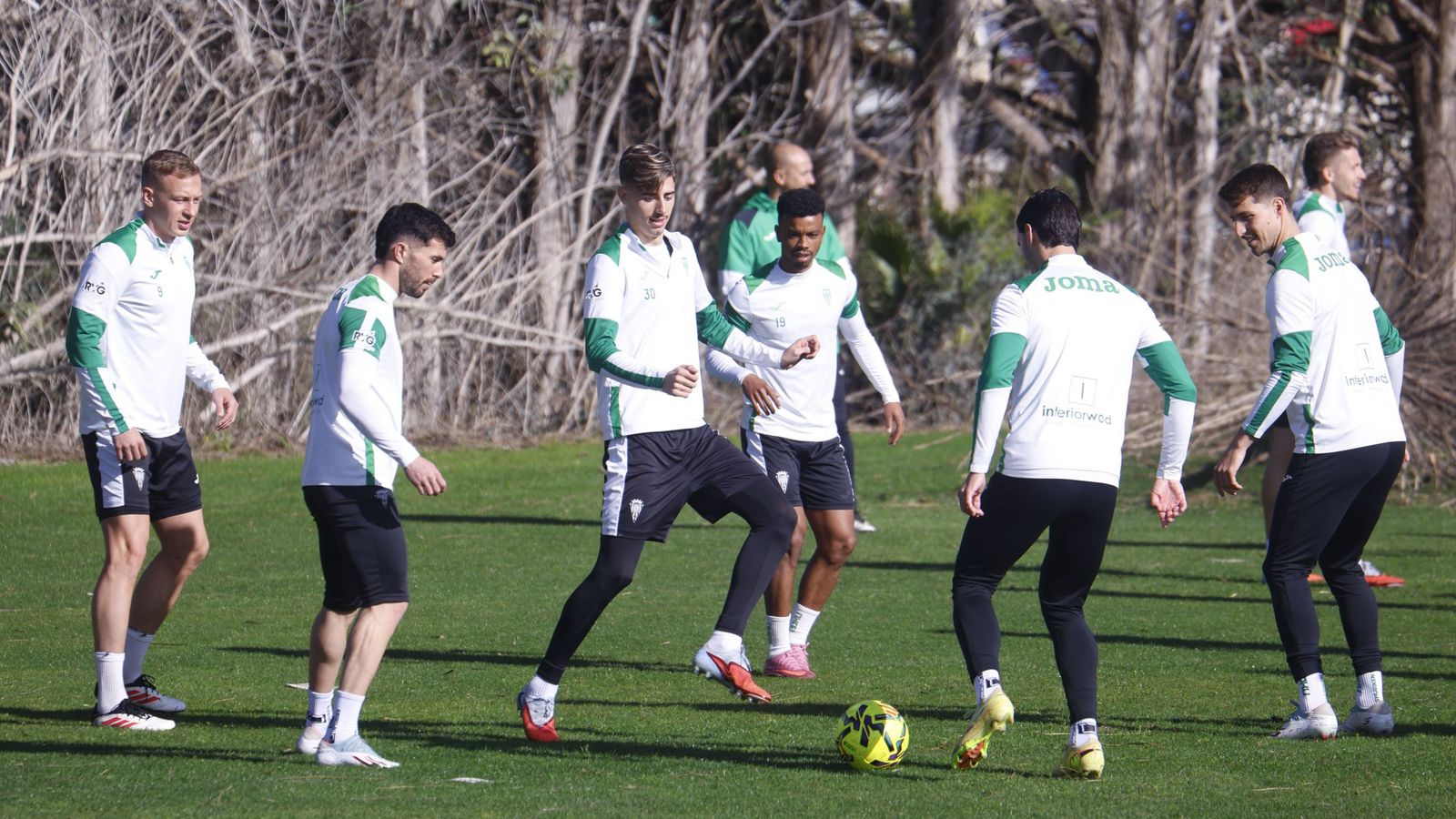 Los jugadores del Córdoba CF hacen un rondo en un entrenamiento en la Ciudad Deportiva.