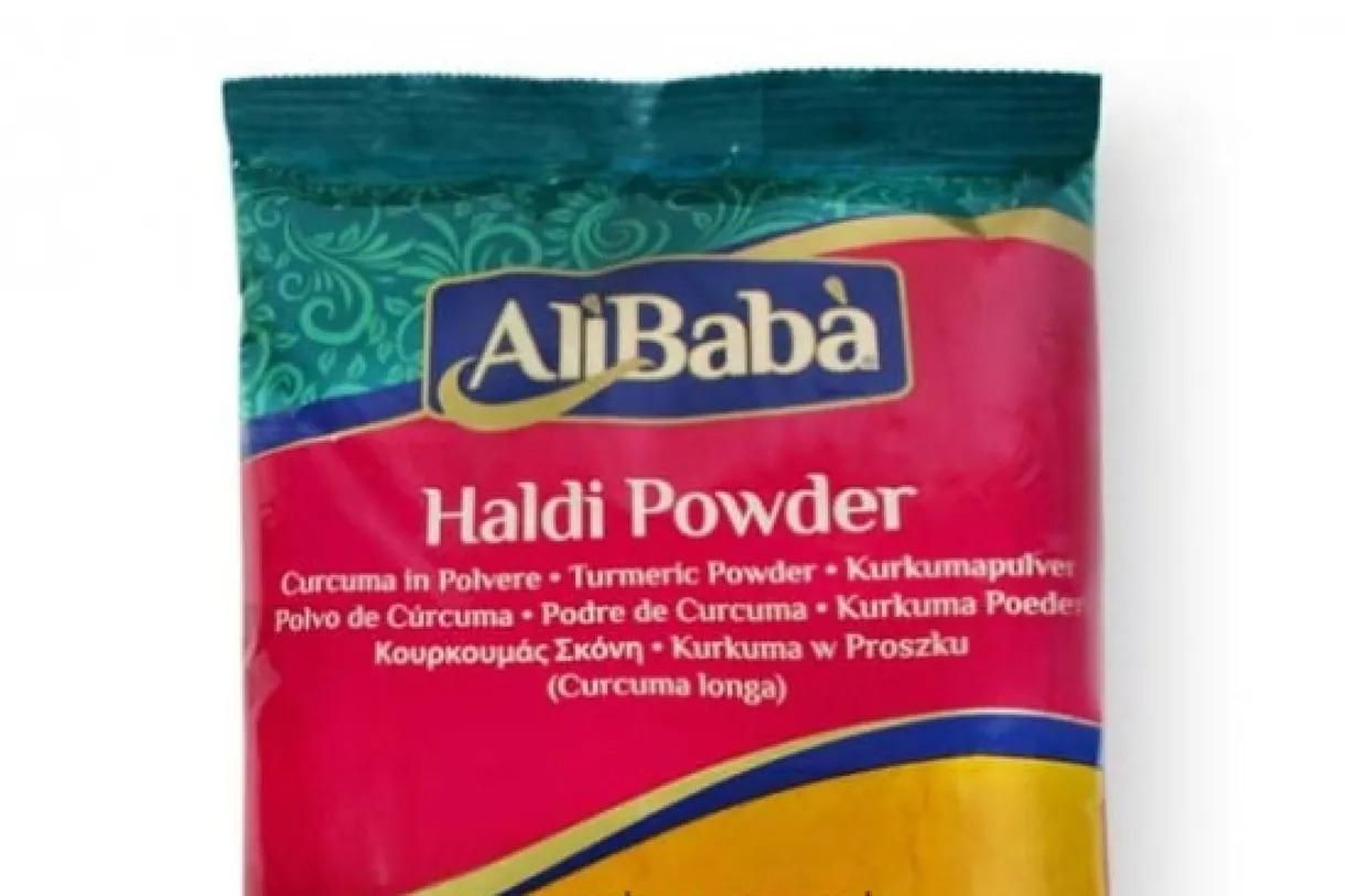 Haldi Powder,  cúrcuma en polvo de la marca Ali Babá.