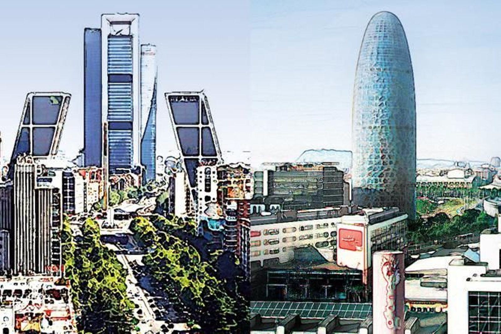 Montaje  con la Castellana en Madrid y la torre Agbar en Barcelona