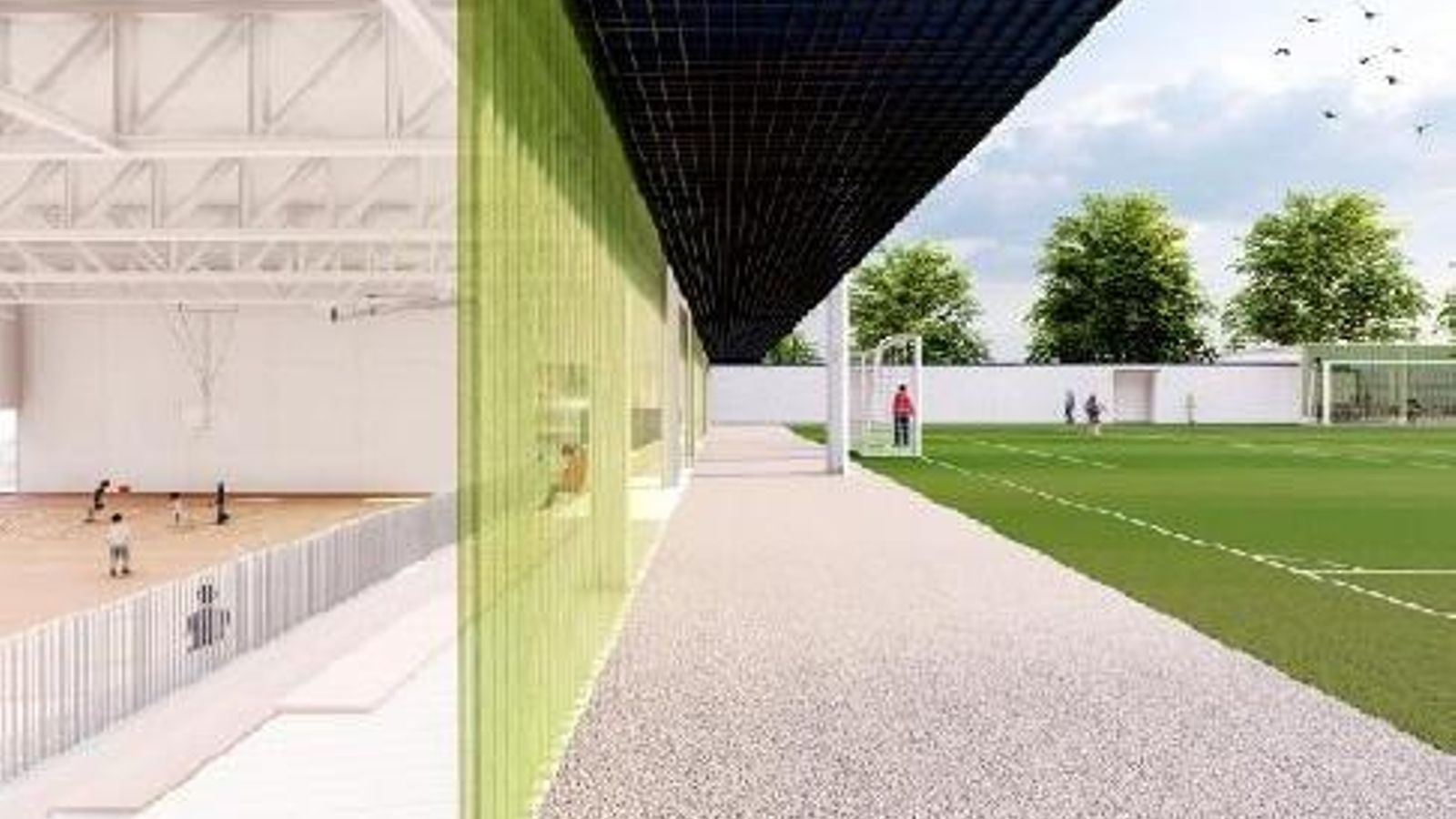 Interior y fachada del pabellón que compartirá lateral con el campo de fútbol.