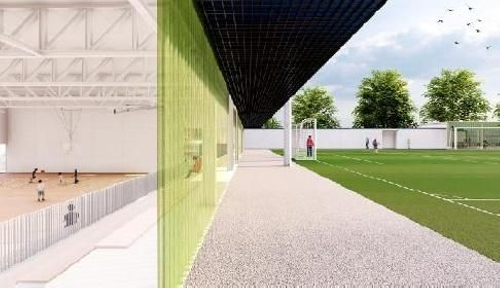 Interior y fachada del pabellón que compartirá lateral con el campo de fútbol.