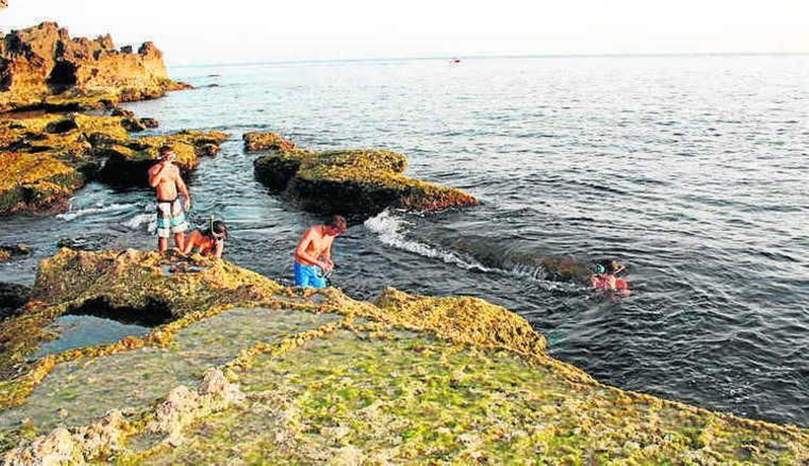 Bañistas se preparan para hacer snorkel en una playa.