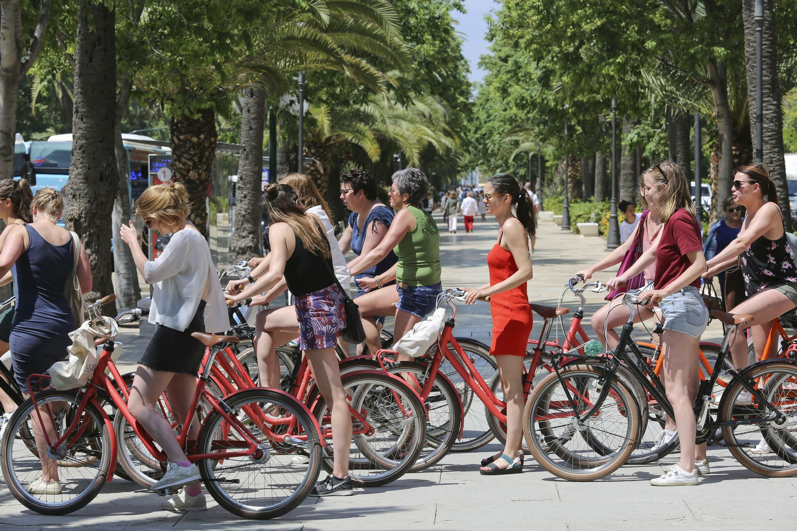 Un grupo de personas circula en bicicleta por el centro de Málaga.