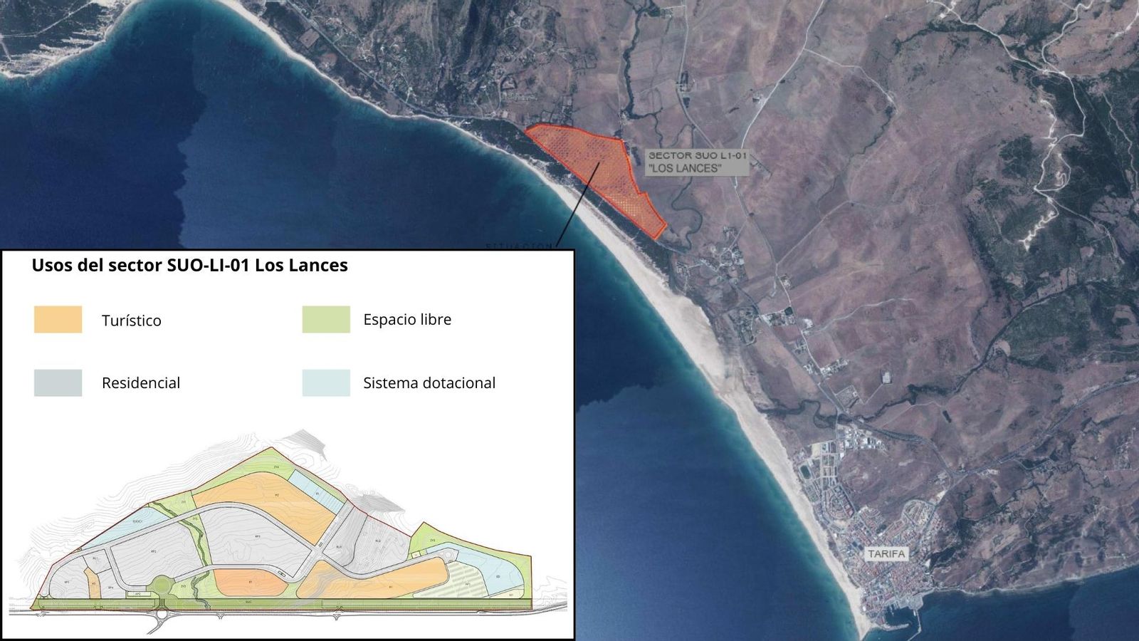 Situación y usos del proyecto en el sector SUO-LI-01 Los Lances, en Tarifa.