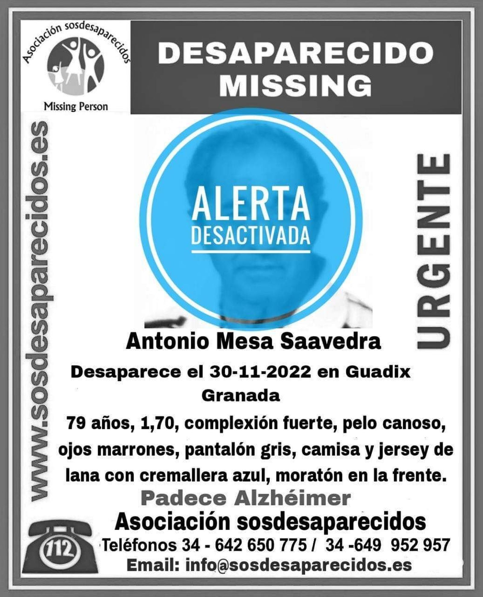 Cartel de la asociación SOS Desaparecido que alerta de la localización del hombre
