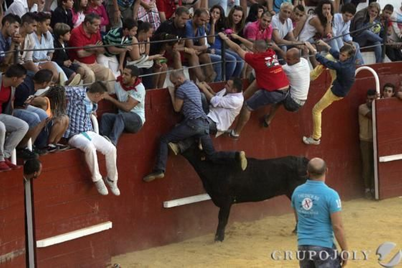 Momento de la cogida del toro a varios de los participantes

Foto: José María Quiñones