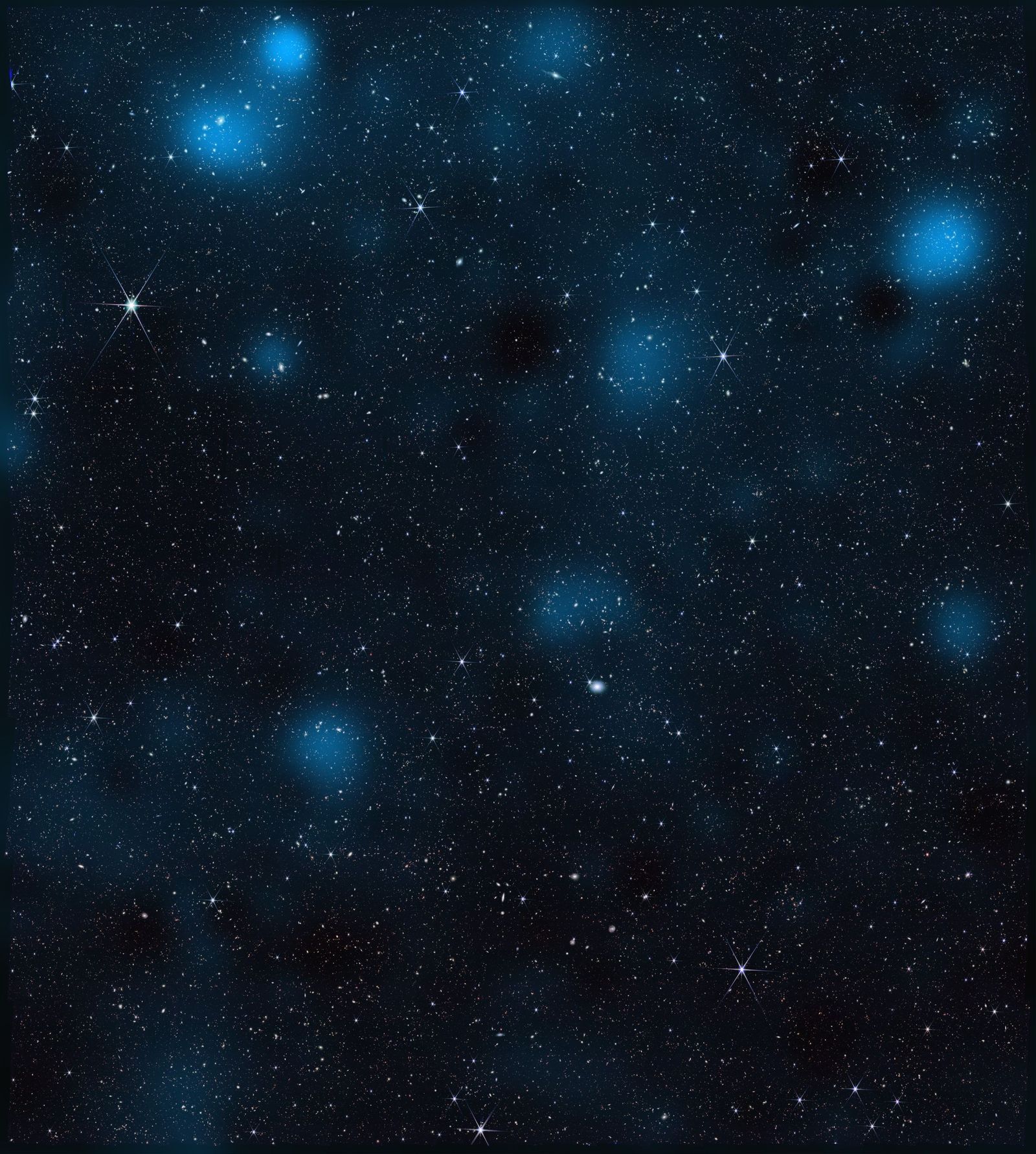 Con casi 800 000 galaxias, esta imagen del telescopio espacial James Webb de la NASA está superpuesta con un mapa de materia oscura, representada en azul. Los investigadores utilizaron los datos de Webb para encontrar la sustancia invisible a través de su influencia gravitacional sobre la materia normal.