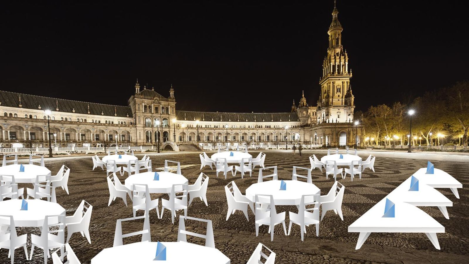 La recreación realizada por el Ayuntamiento de la Plaza de España con mesas para una cena de hasta 10.000 asistentes.