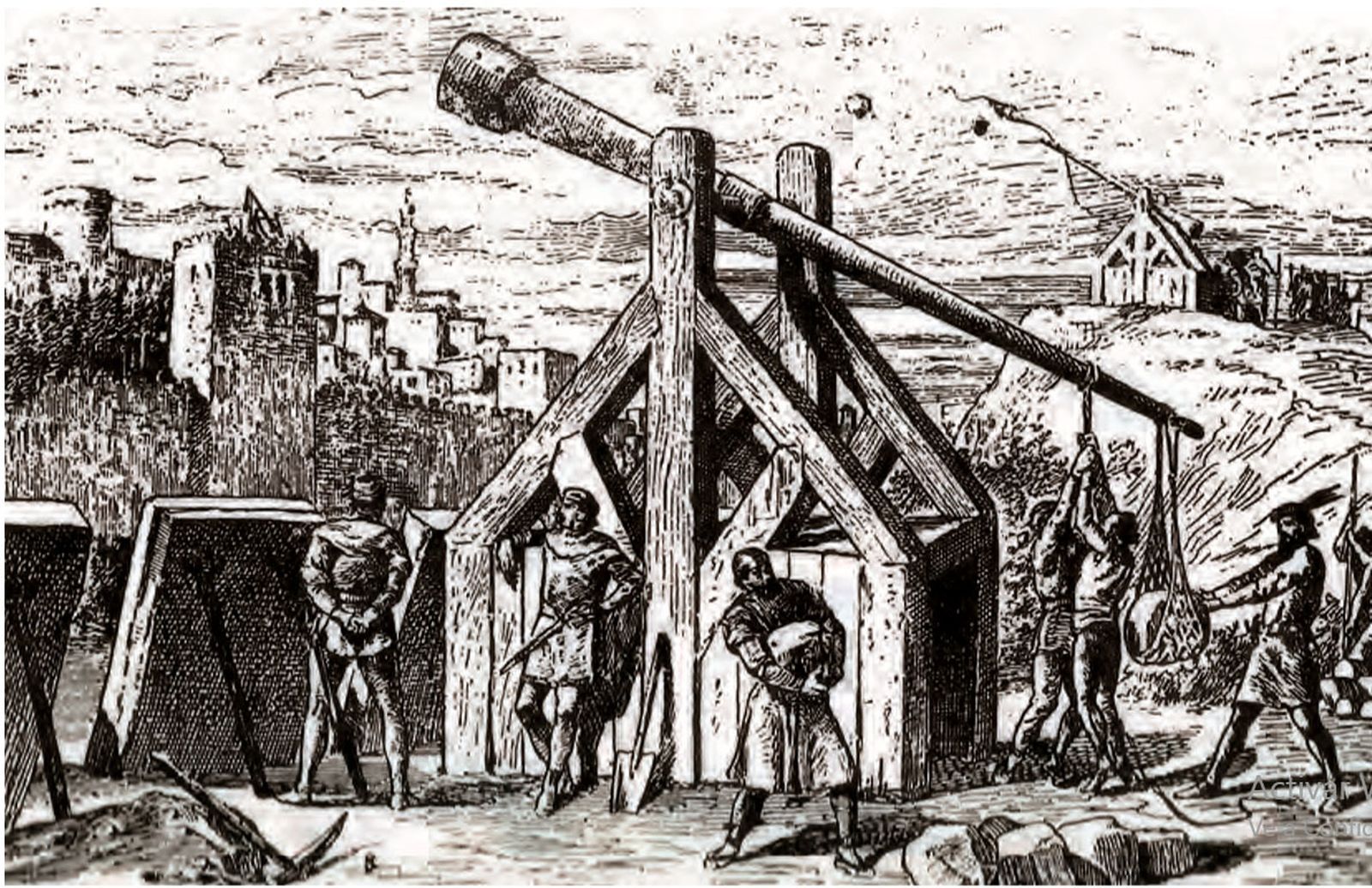 Grabado de varios trabucos lanzando bolaños sobre una ciudad sitiada.