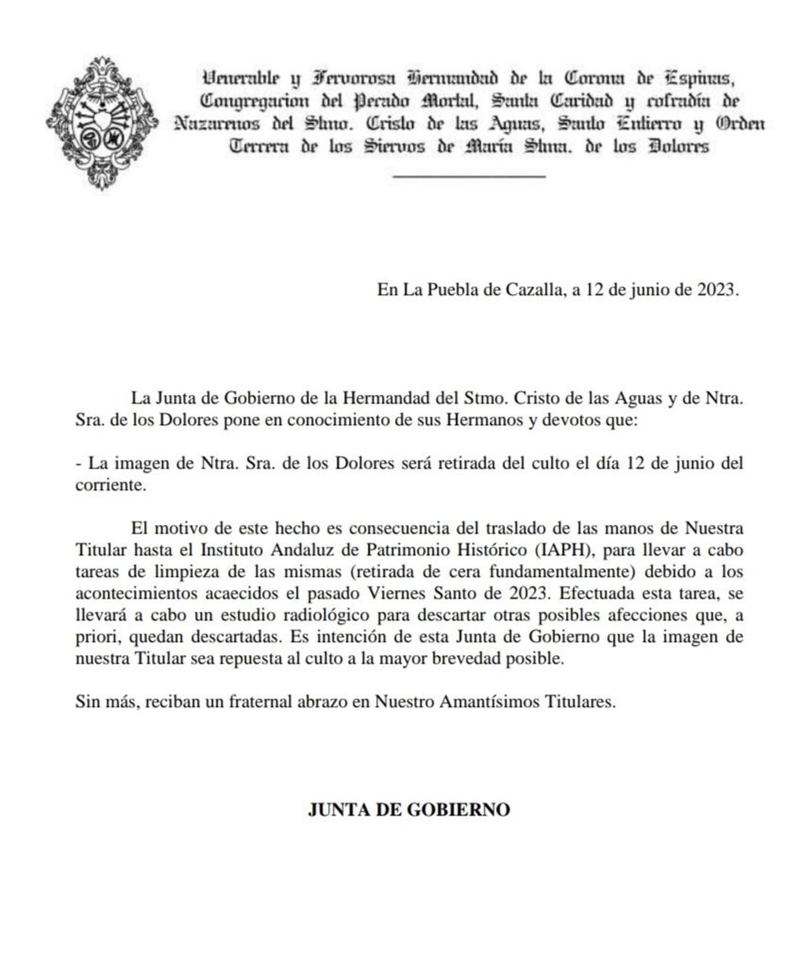 Comunicado de la Hermandad