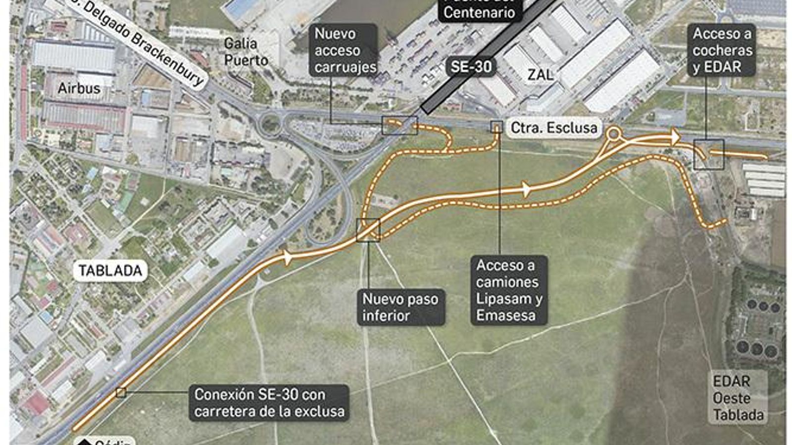 Desvíos alternativos al Puente del Centenario de Sevilla desde la SE-30 a la carretera de la esclusa.