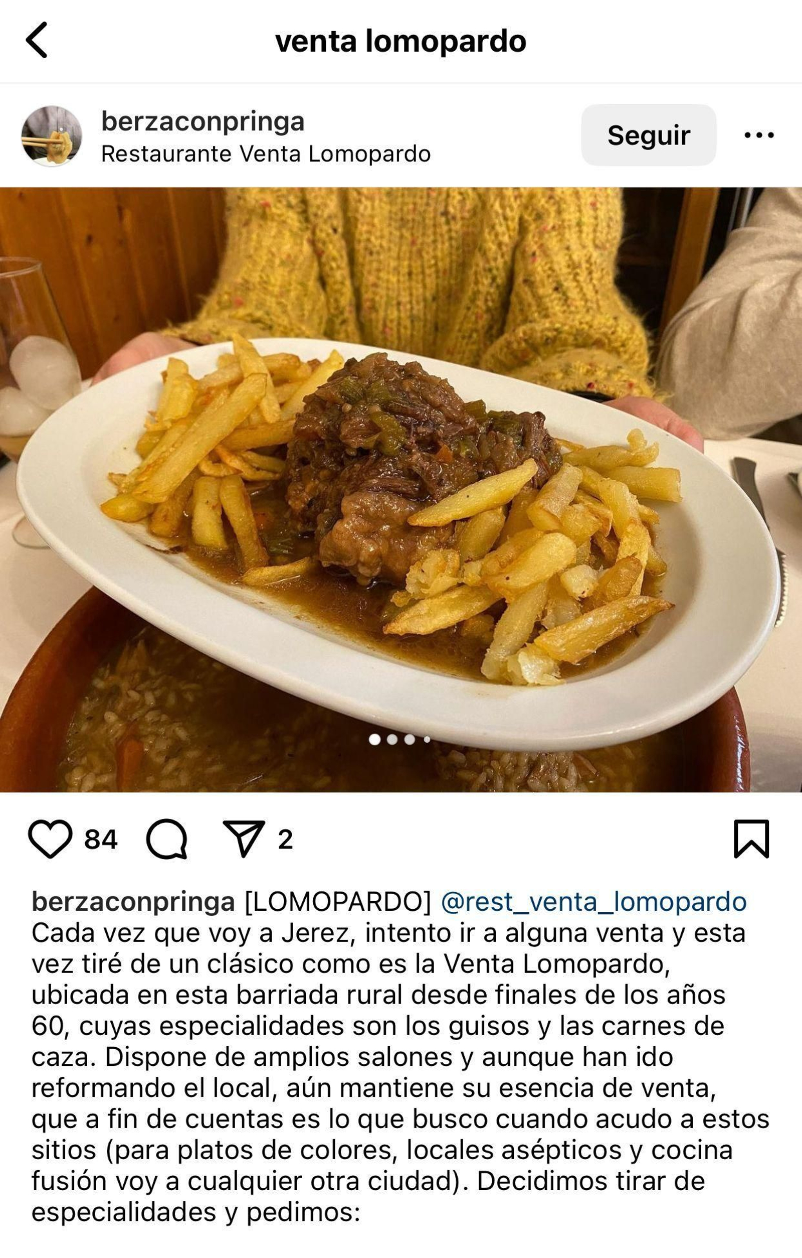 Posto en Instagram sobre uno de los platos del Restaurante Venta Lomopardo.