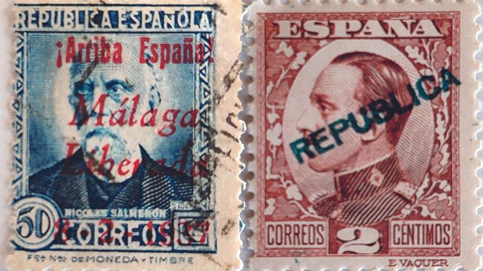 Sobrecarga patriótica realizada sobre un sello de 50 céntimos azul de Nicolás Salmerón. Sello de Alfonso XIII de dos céntimos con la sobrecarga de republicana realizada en Almería. Colección Francisco J. Gutiérrez.