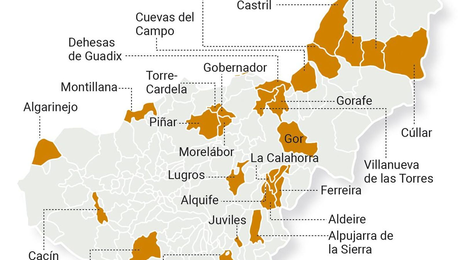 Municipios con mayor riesgo de despoblación en Granada.