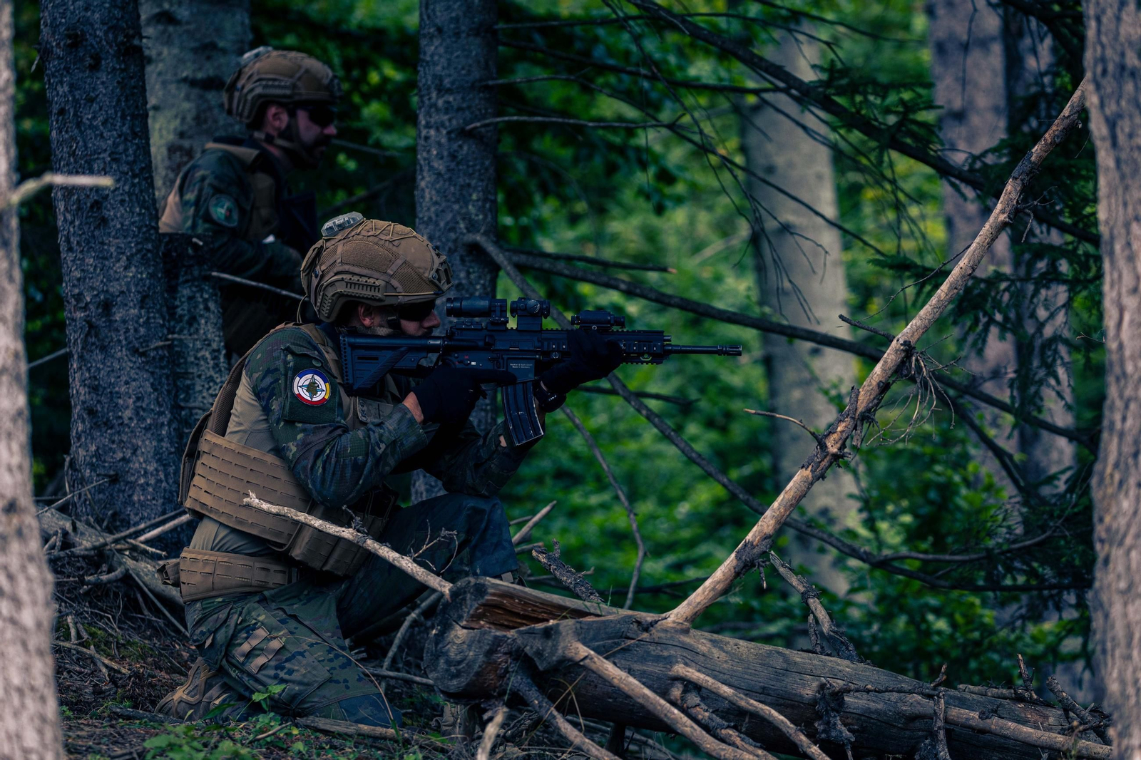 Binomio de infantes de Marina realizando un hostigamiento en zona boscosa en los Cárpatos (Rumanía).