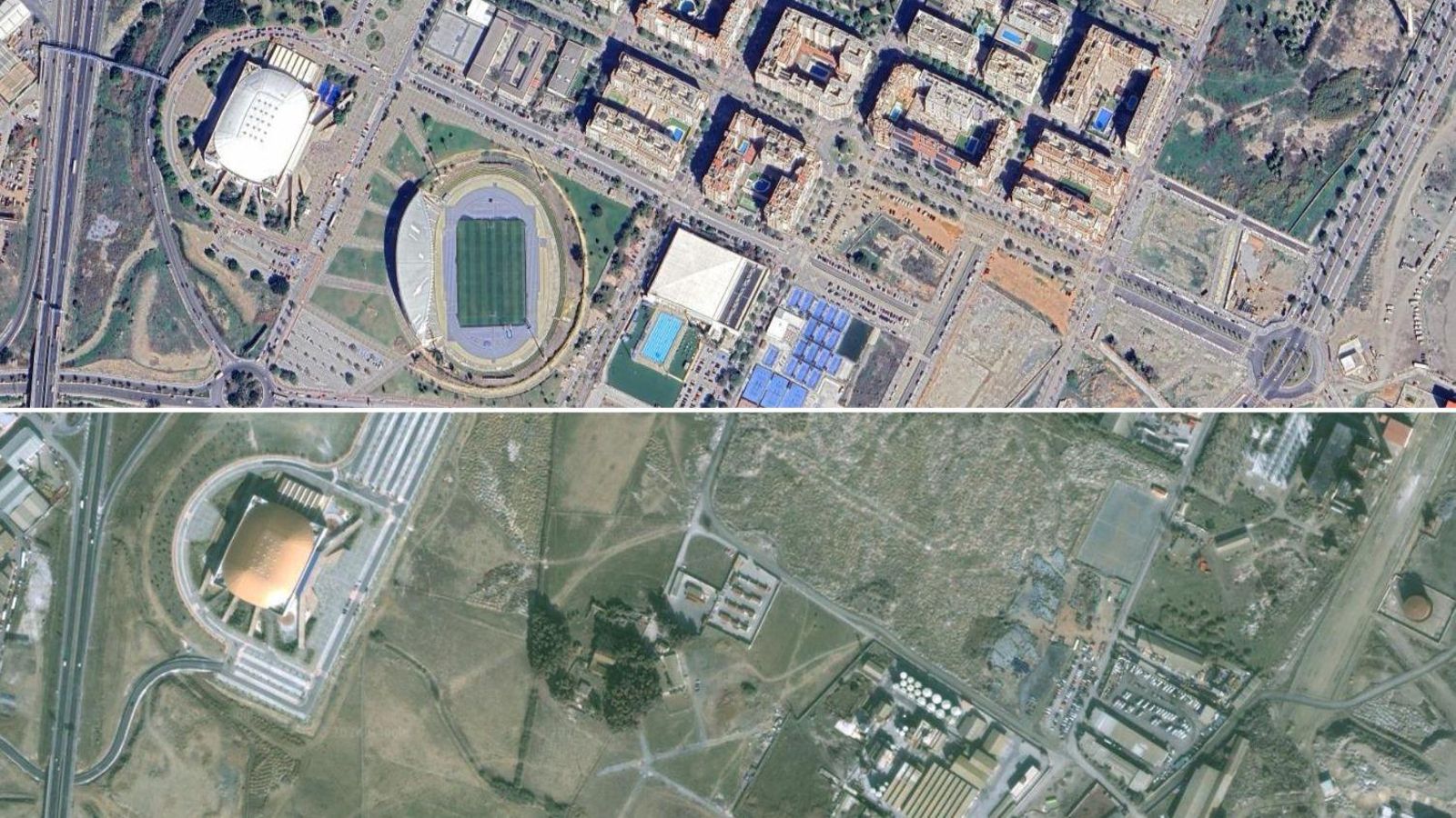El Palacio de Deportes de Martín Carpena, en la actualidad y en el año 2000.