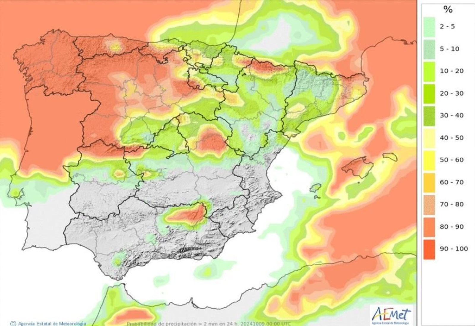 Probabilidad de precipitación superior a 2 mm esperada para hoy, a partir del EPS del Centro Europeo.