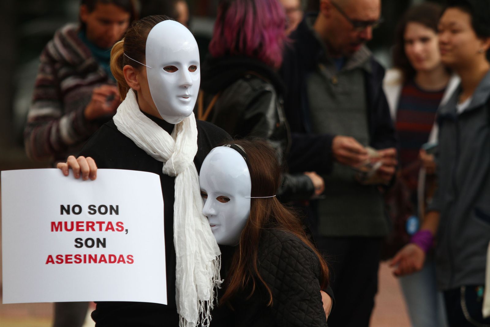 Dos personas enmascaradas el 25-N muestran un cartel reivindicativo sobre la violencia machista.