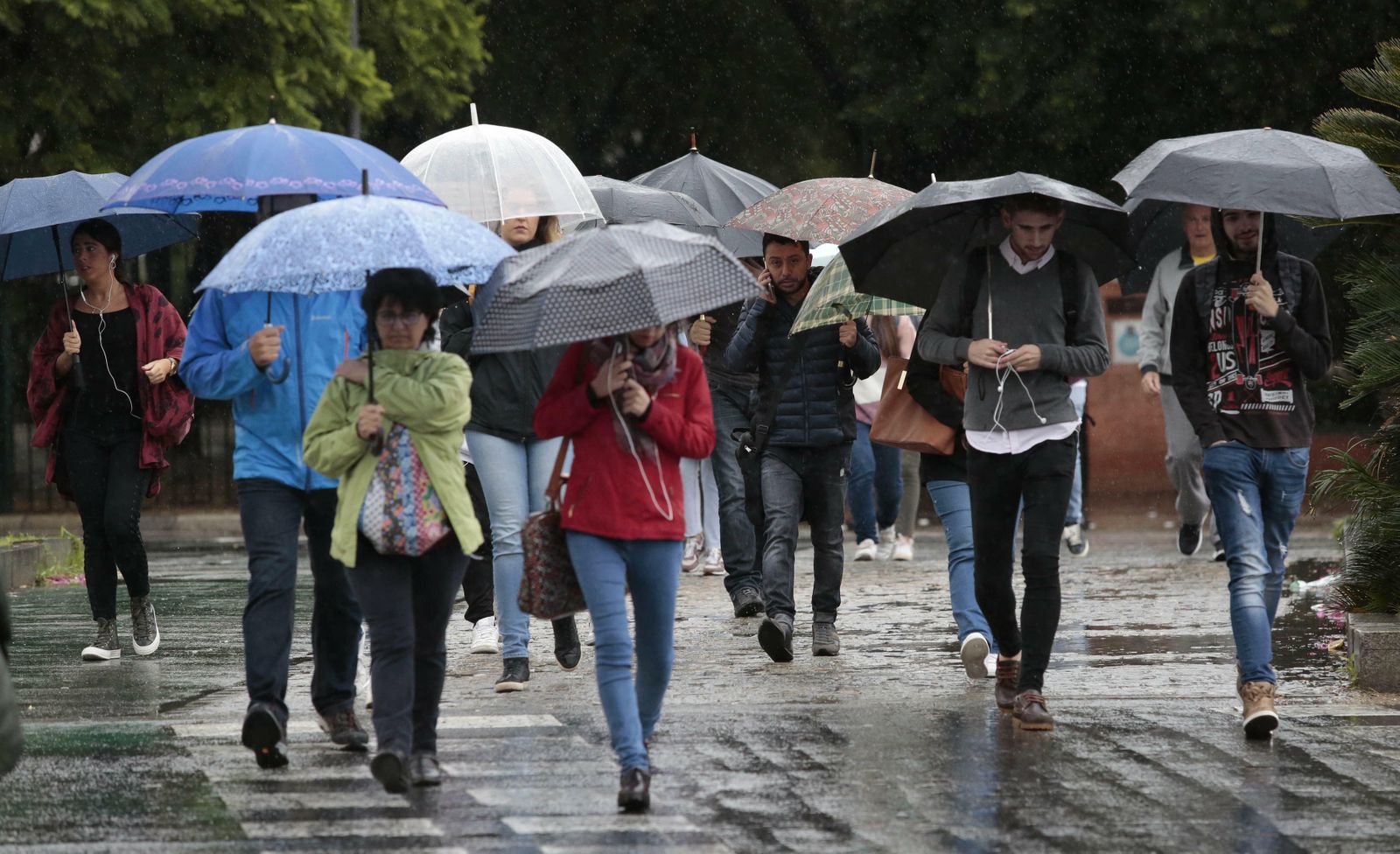 Varias personas caminan con paraguas por el Prado de San Sebastián.