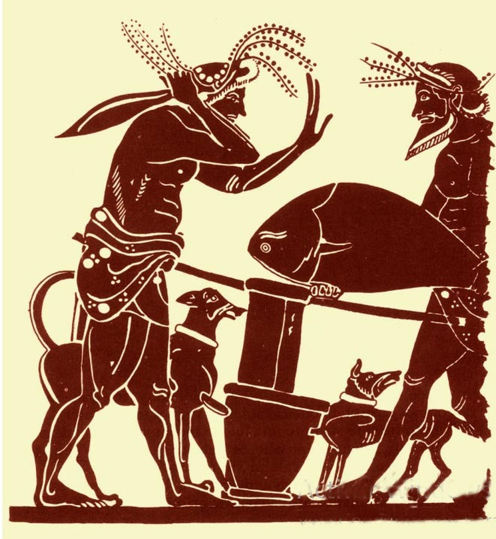 Escena de despiece de un atún en una cerámica griega del siglo IV antes de Cristo.