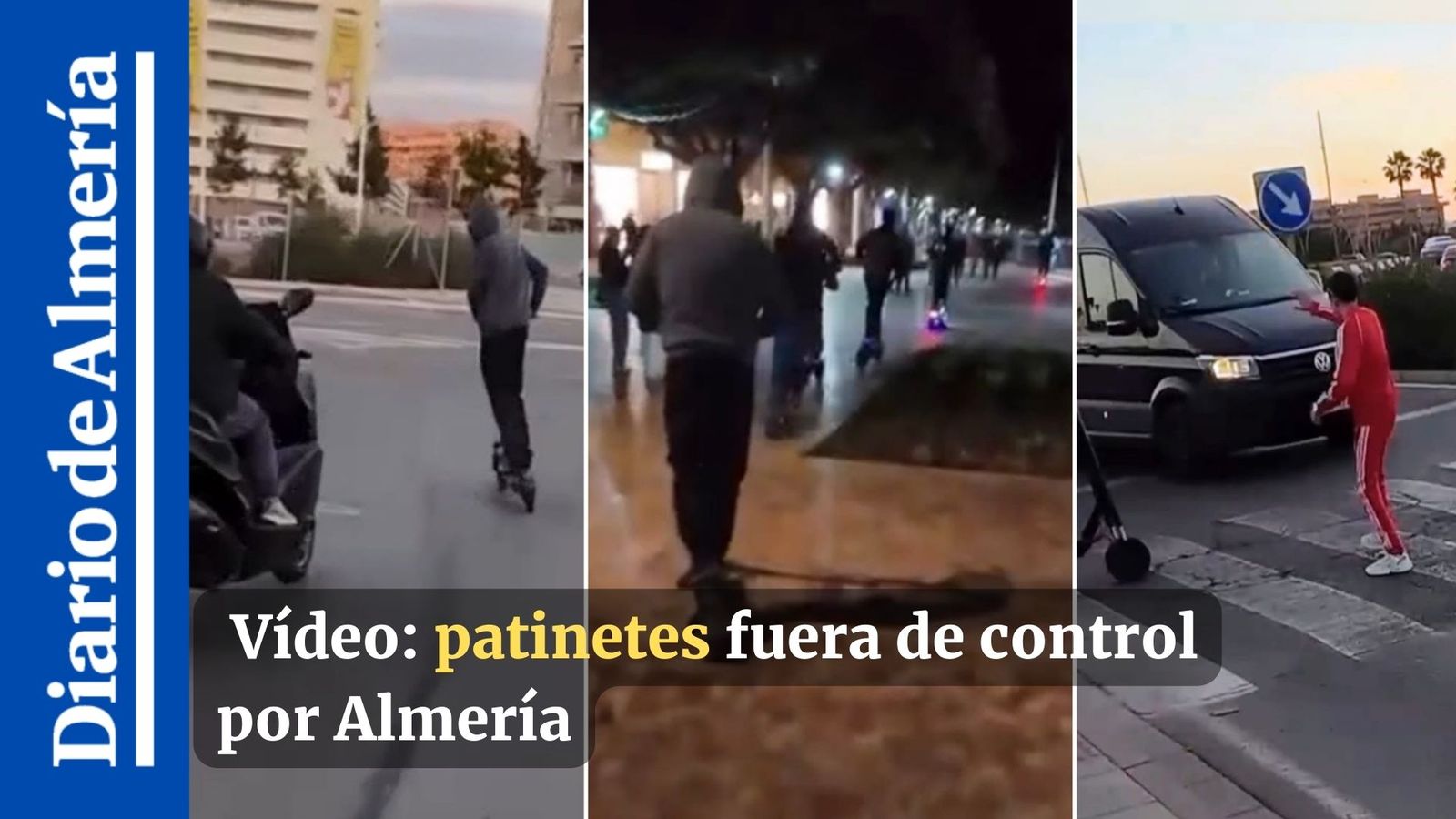 Jóvenes circulan en patinete por el Paseo de Almería mientras se graban durante una quedada nocturna.