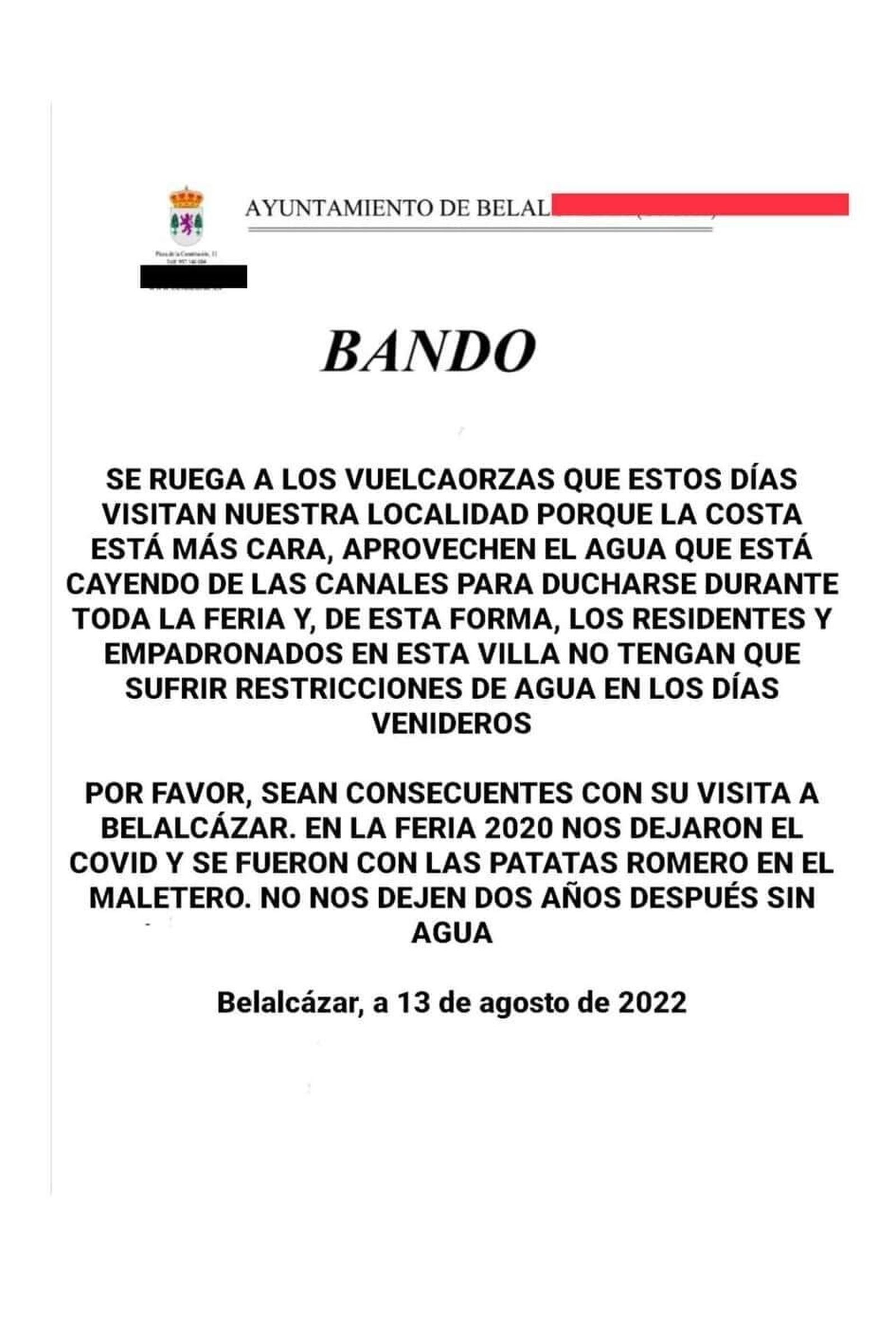 Falso bando municipal difundido en Belalcázar.