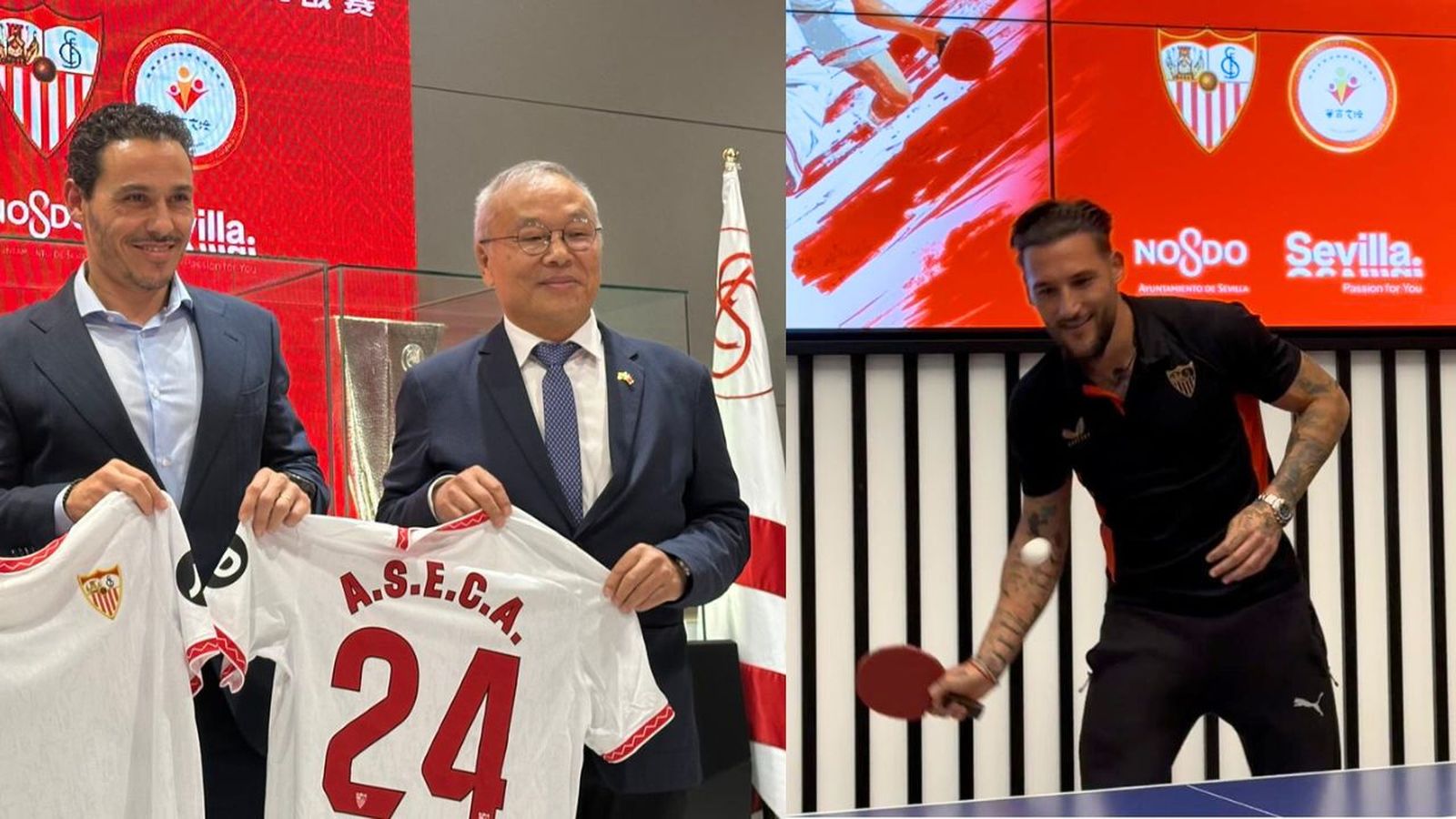 A la izquierda, José María del Nido Carrasco posa con la camiseta del Sevilla junto a Lin Ke; a la derecha, Gudelj jugando al tenis de mesa.