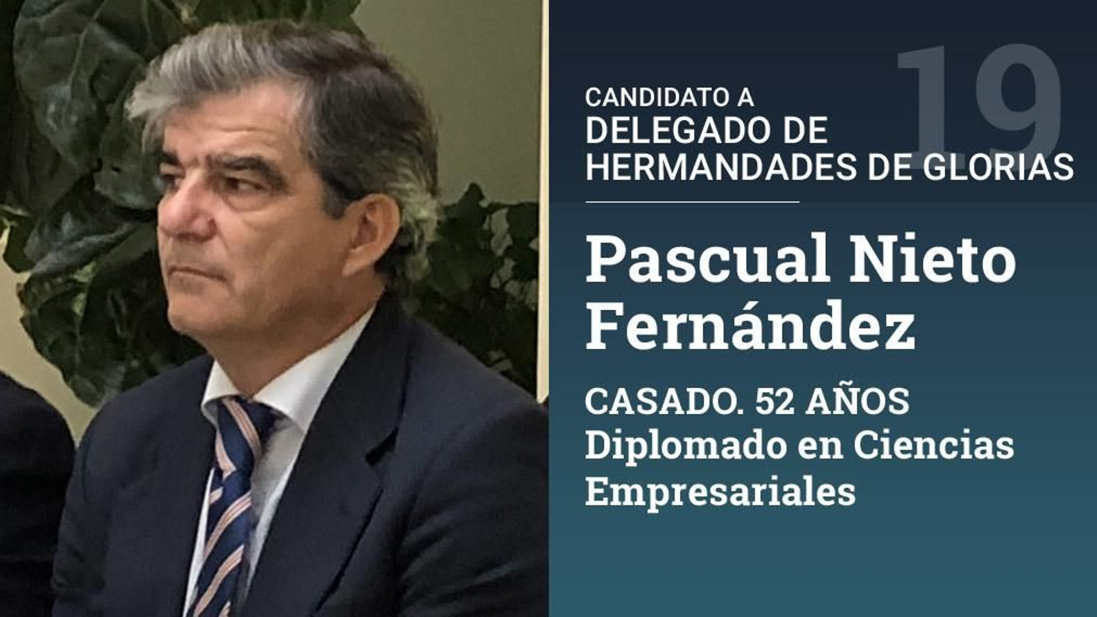 Es jefe de área de energía y climatización de la dirección regional Sur de Enaire. Es diputado de cultos de la hermandad de la Virgen de la Sierra. Ha ostentado cargos de gobierno en la Hermandad de la Sagrada Cena.