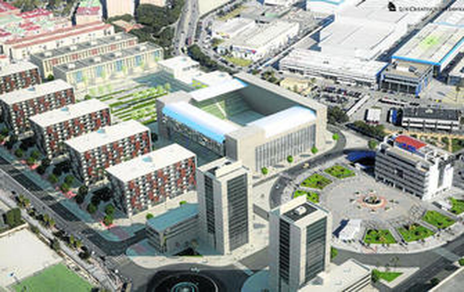 Recreación de unos de los frentes del 'nuevo' polígono. Se ve el Centro de Espectáculos, las dos torres que darán paso a la Glorieta, y los nuevos bloques de viviendas frente al estadio.