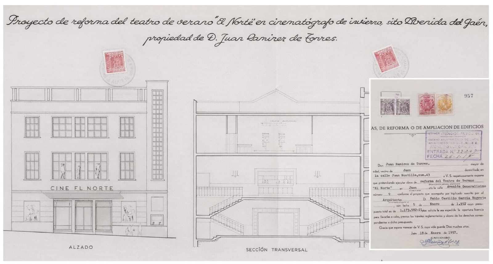 Propuesta de 1957 para transformar el Teatro de Verano El Norte en un cine cubierto de invierno, con un presupuesto de 1.173.982 pesetas. El proyecto nunca se ejecutó. Archivo Municipal de Jaén.