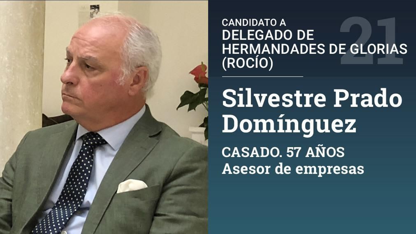 Fue hermano mayor del Rocío de Sevilla. En la actualidad es delegado de Gloria para las hermandades del Rocío en el Consejo de Cofradías.