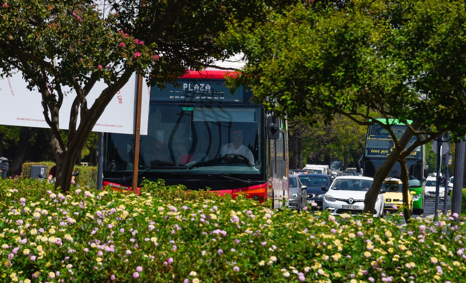 Un conductor de Tussam conduce un autobús por la Barqueta.