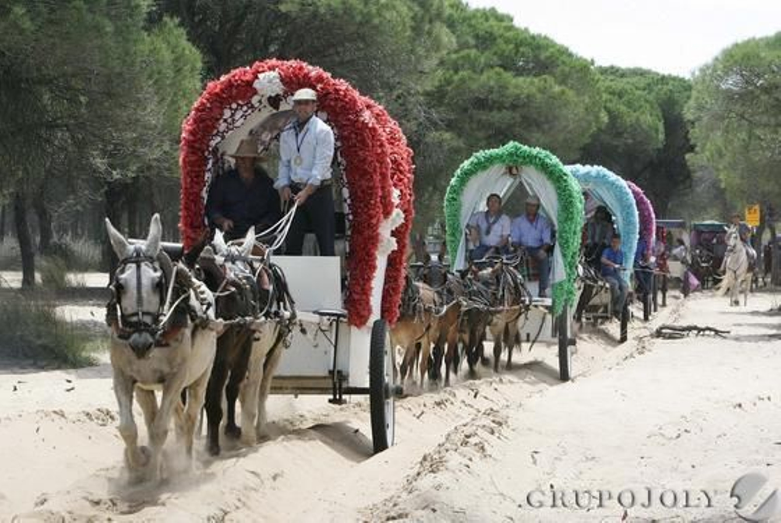 Los carros de la hermandad avanzando por la 'rodá'

Foto: Pascual