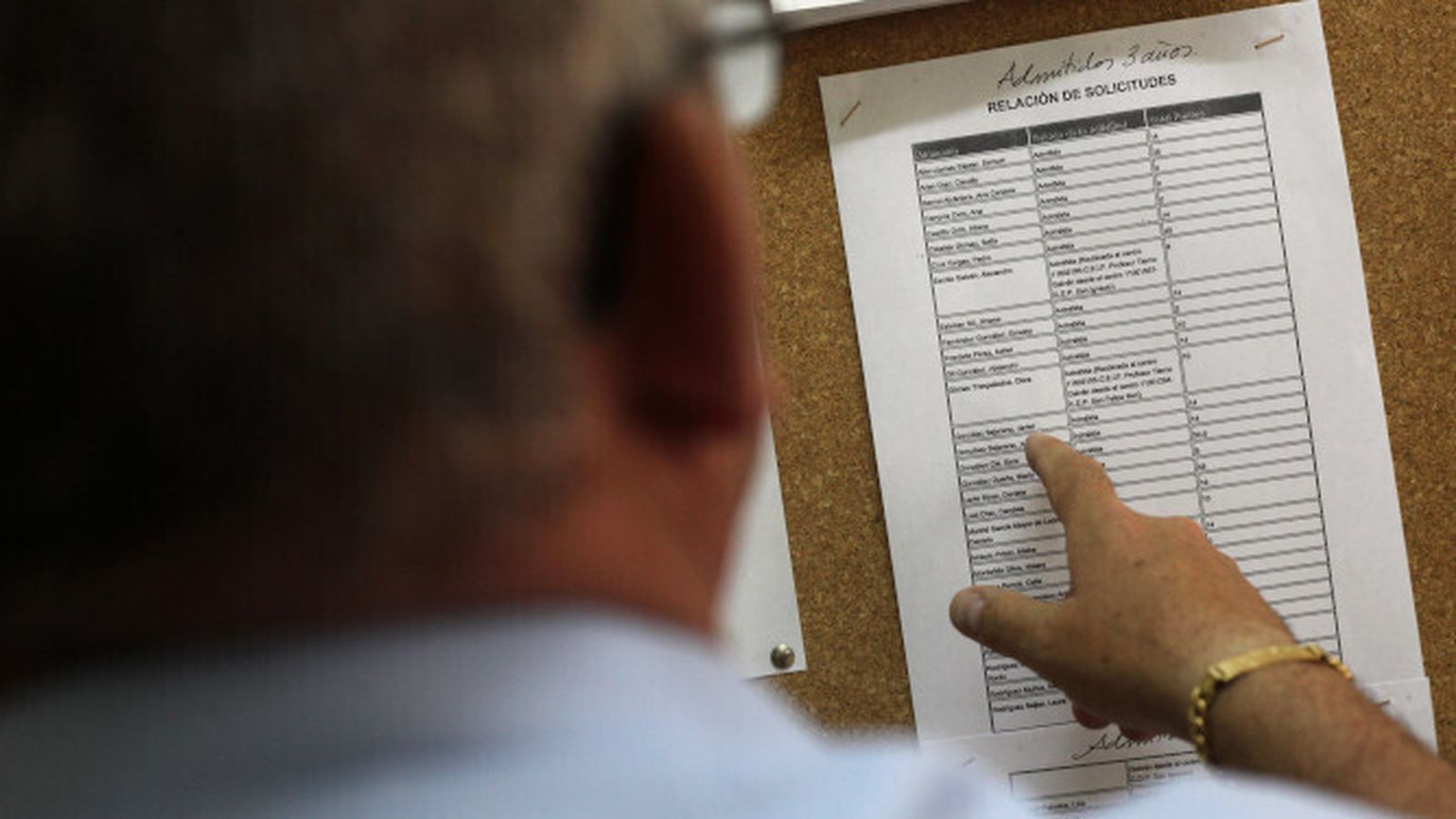 Un padre consulta las listas de escolarización en un colegio.