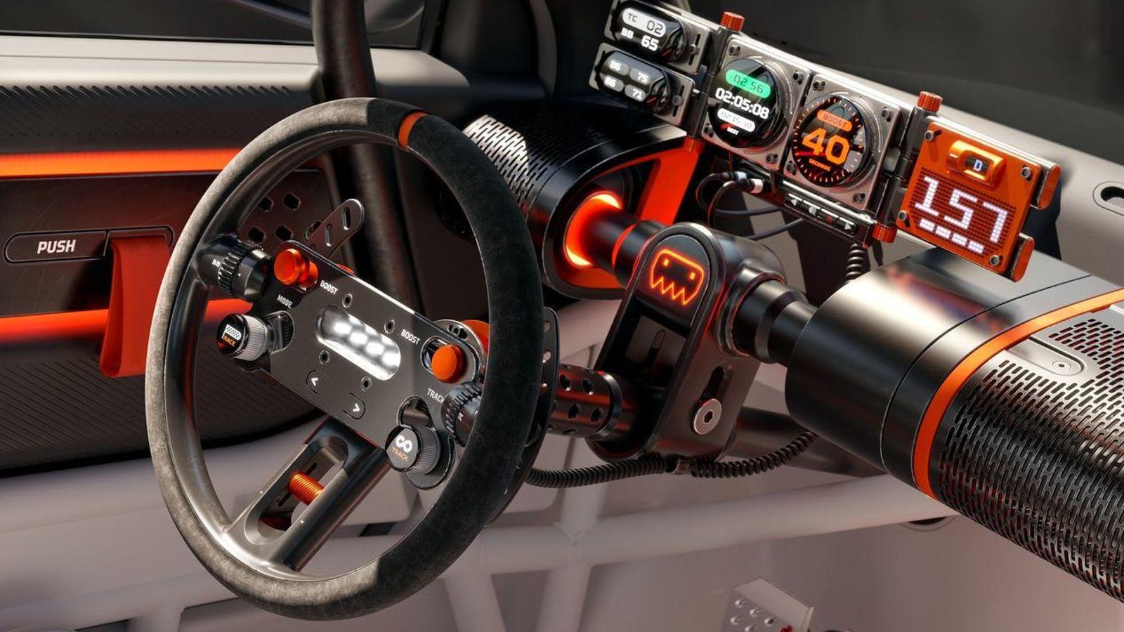 El interior se transforma completamente respecto al Inster de producción, convirtiendo a este concept-car en un coche de carreras.