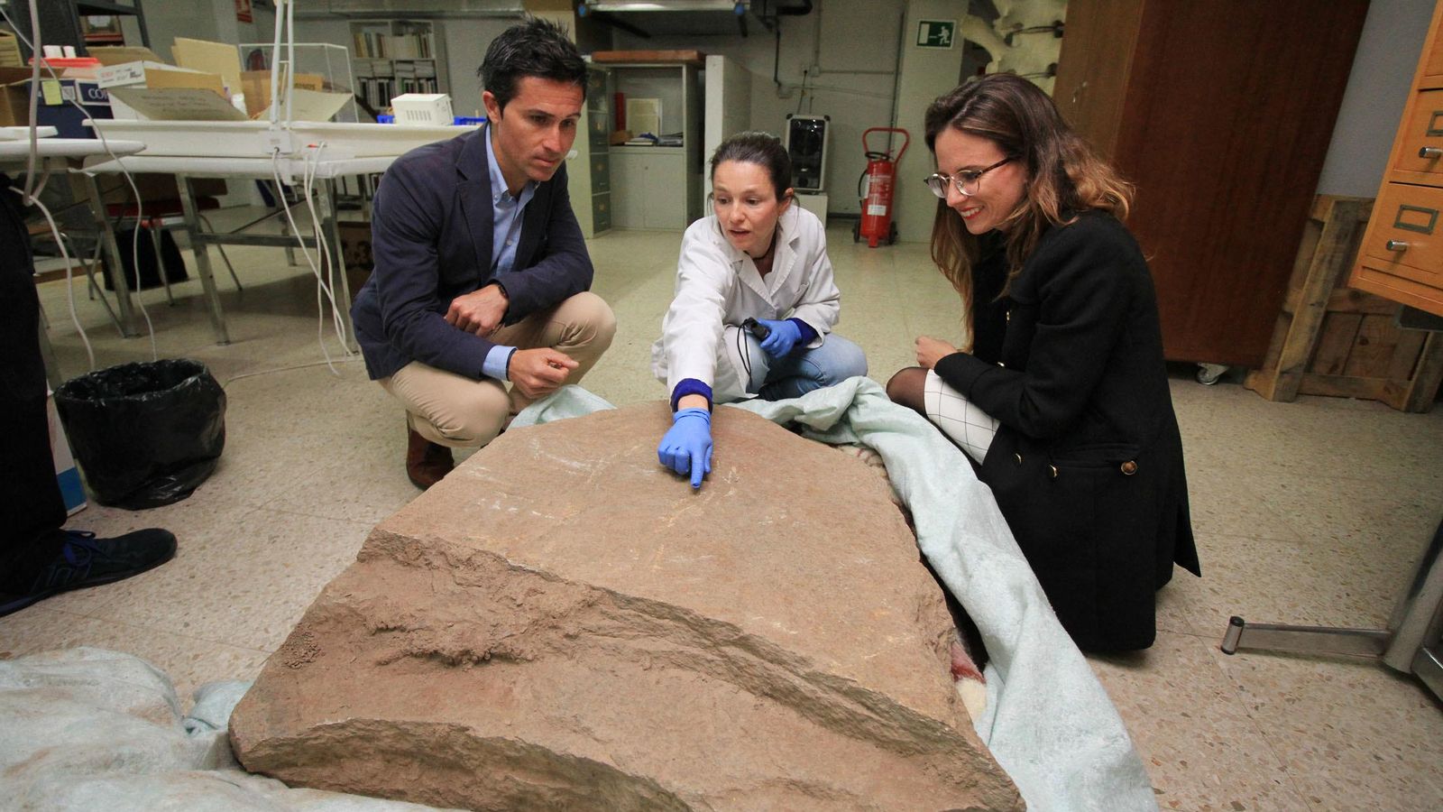 Imágenes de la llegada al museo de Huelva de la estela de cerca de 5.000 años de antigüedad hallada en Cañaveral de León