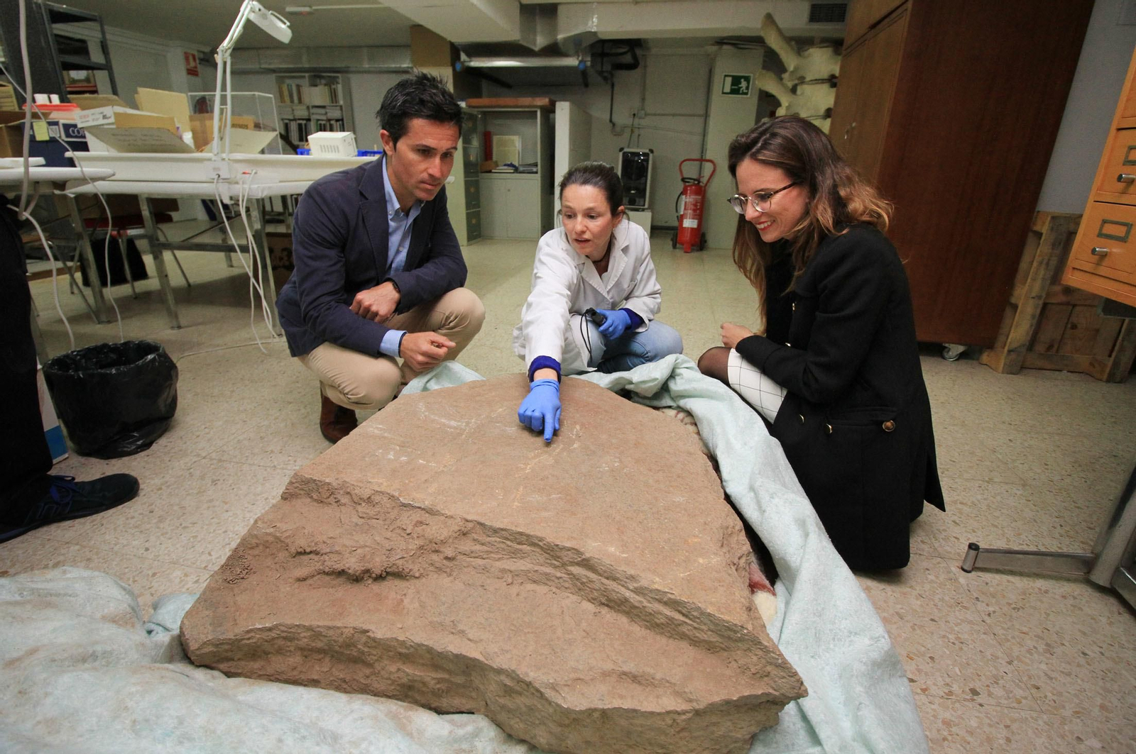 Imágenes de la llegada al museo de Huelva de la estela de cerca de 5.000 años de antigüedad hallada en Cañaveral de León