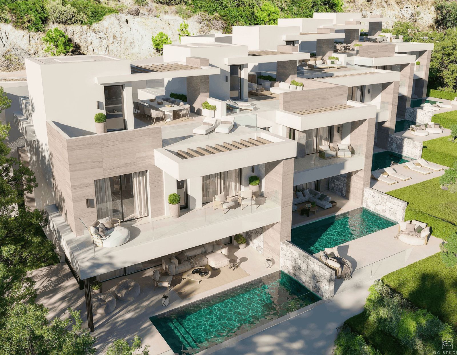 Recreación de la fachada de las cinco villas de lujo que se construirán en Benahavís, Málaga.