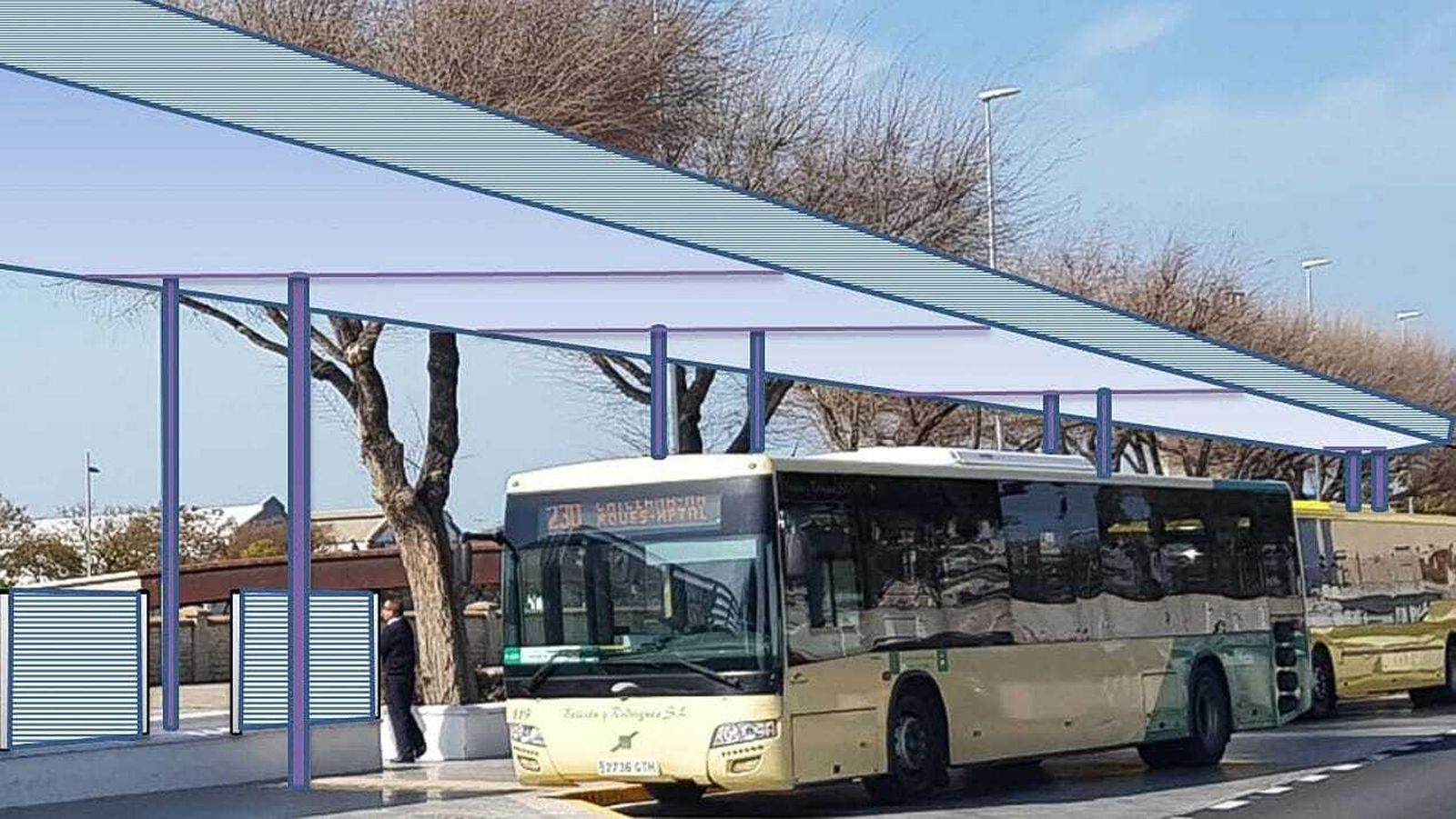 Imagen virtual de la nueva cubierta que protegerá la zona de dársenas para autobuses del apeadero junto al Campo de Fútbol.