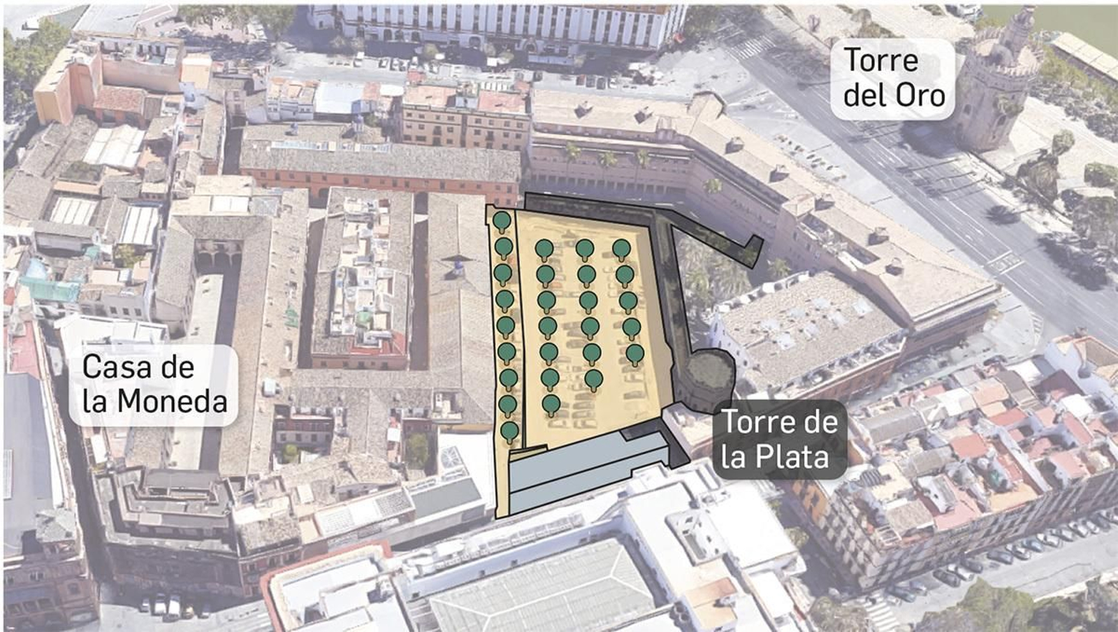 Un patio de los naranjos junto a la Torre de la Plata.