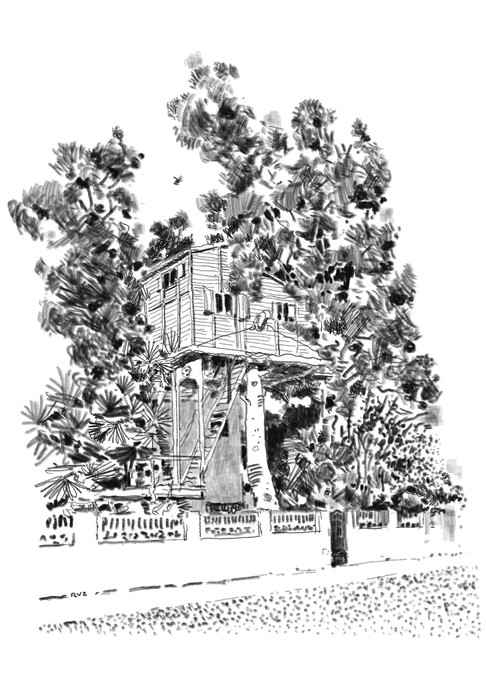 Ilustración del autor de la casa del árbol de Ciudad Jardín