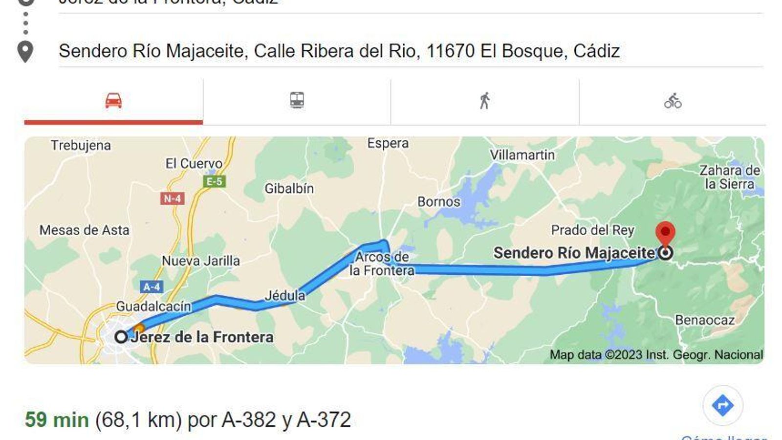 Distancia Jerez- Sendero Río Majaceite (El Bosque).