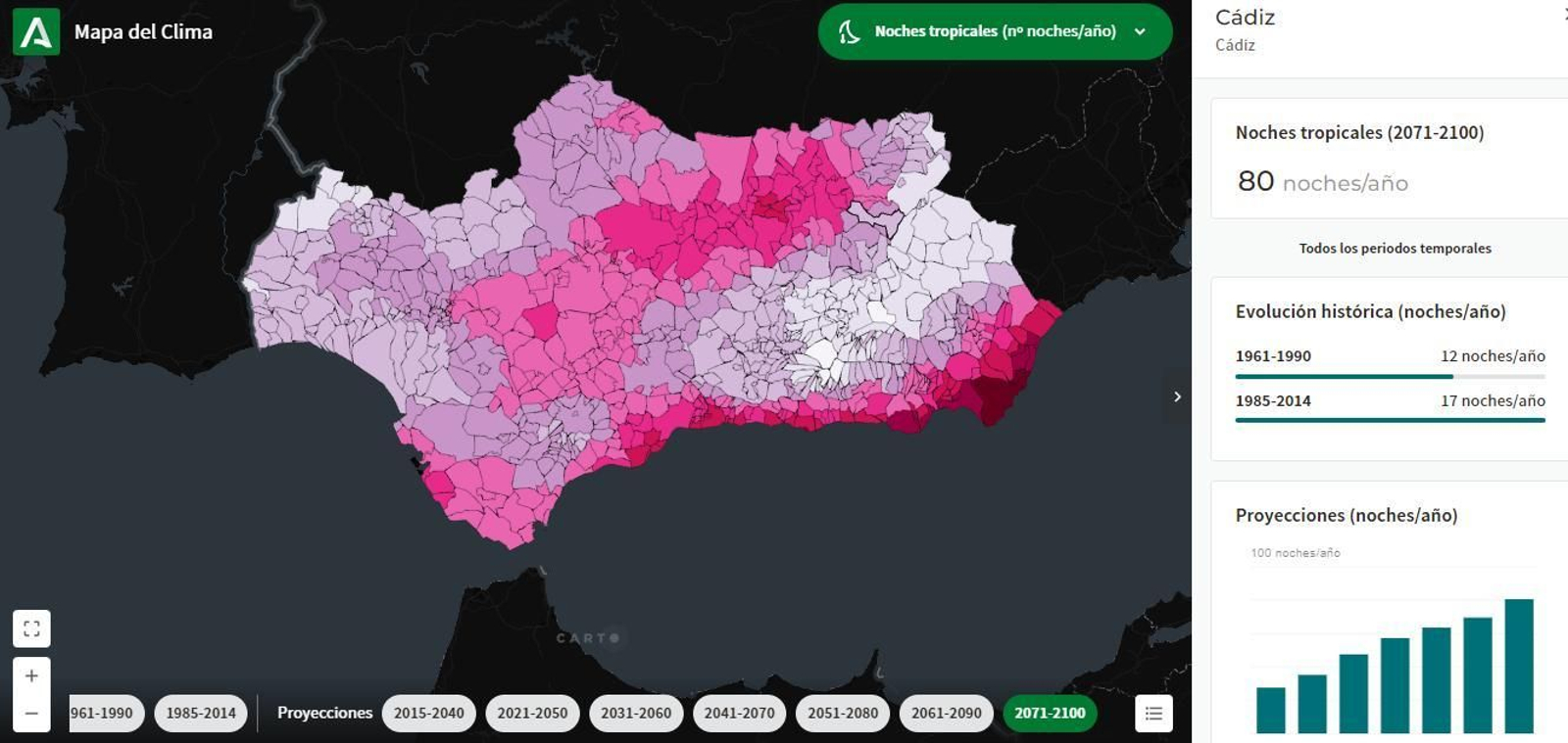 Noches tropicales previstas al final del siglo XXI en Andalucía.
