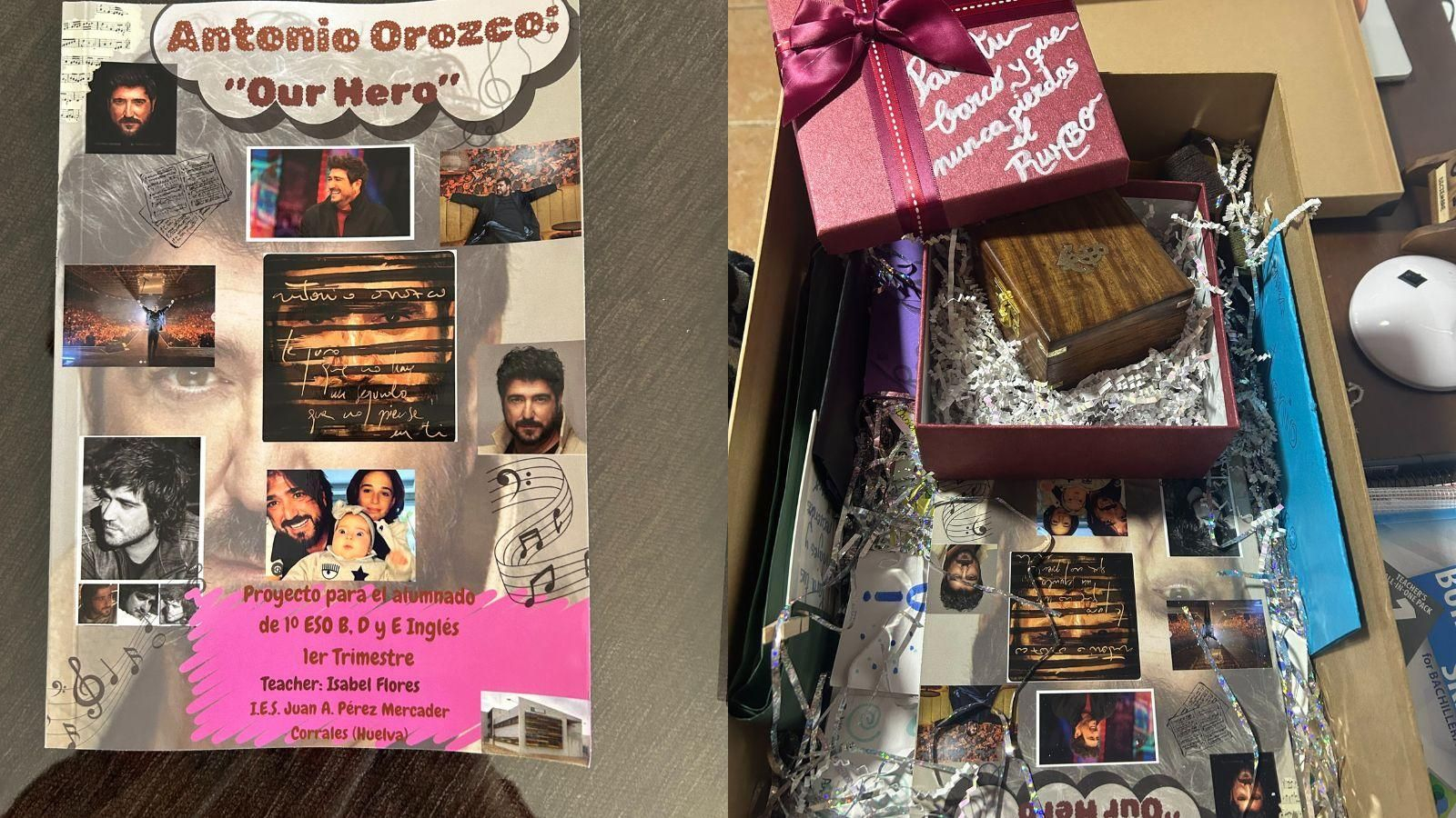 La caja que los alumnos quieren regalar a Antonio Orozco en el concierto de este sábado.